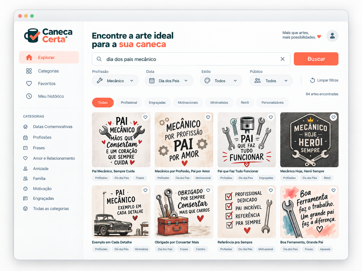 Busca Certa com filtros para encontrar artes de canecas por tema