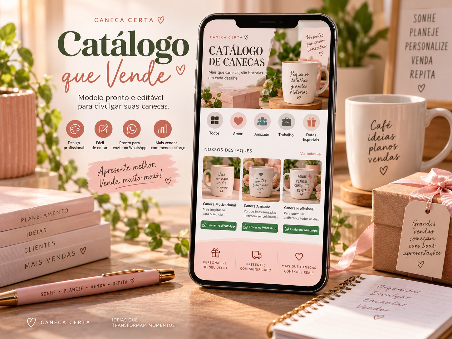 Tela do Catálogo que Vende com canecas e artes selecionadas